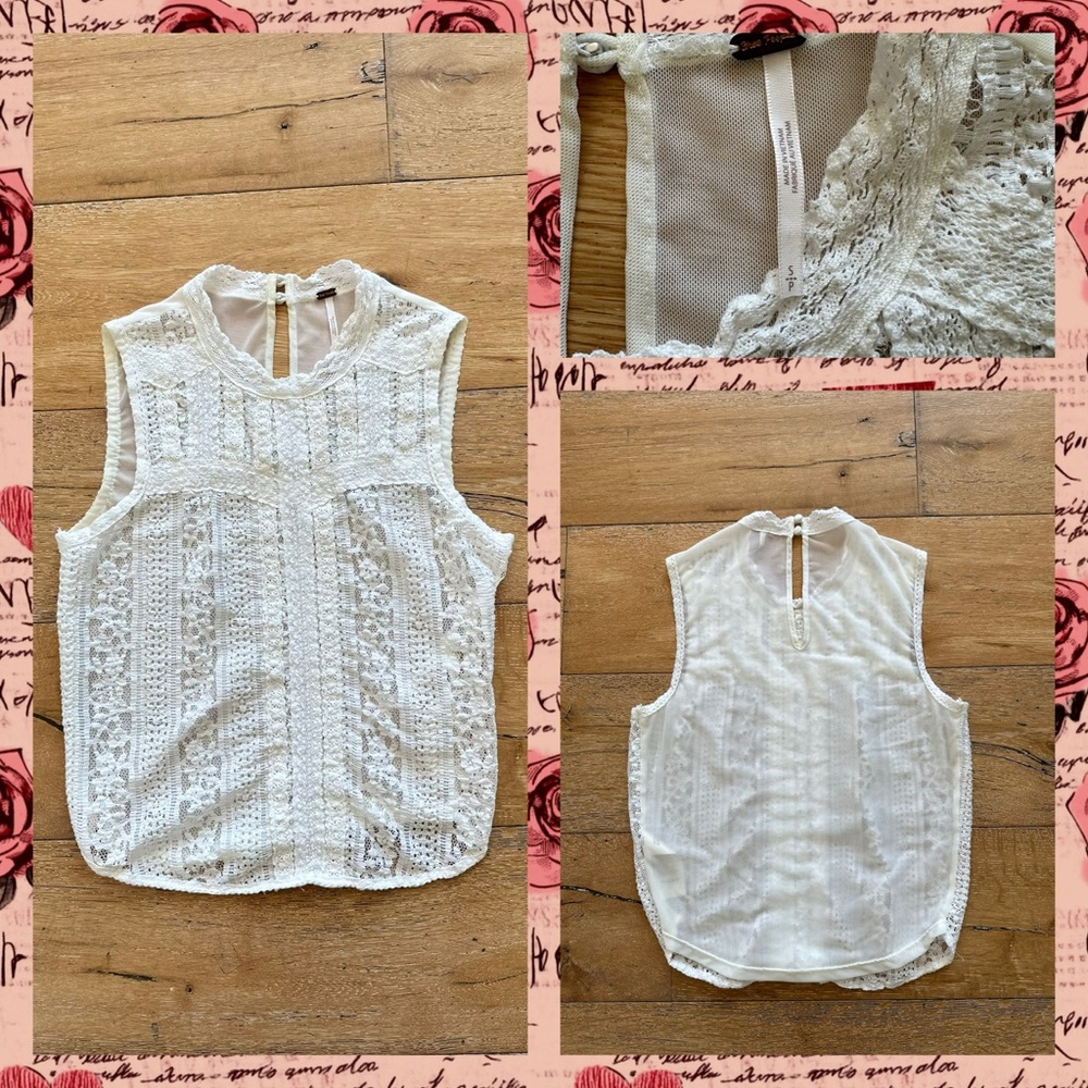 FREE PEOPLE SLEEVELESS LACE BUTTON BACK BLOUSE, SIZE SMALL